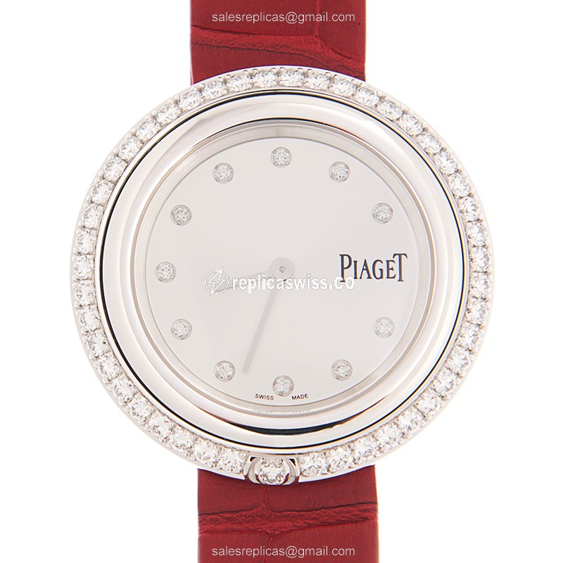 Piaget POSSESSION Replica - Quartz - 18kt White Gold - Diamond - Silver Dial - Red Alligator Strap - Buckle Clasp