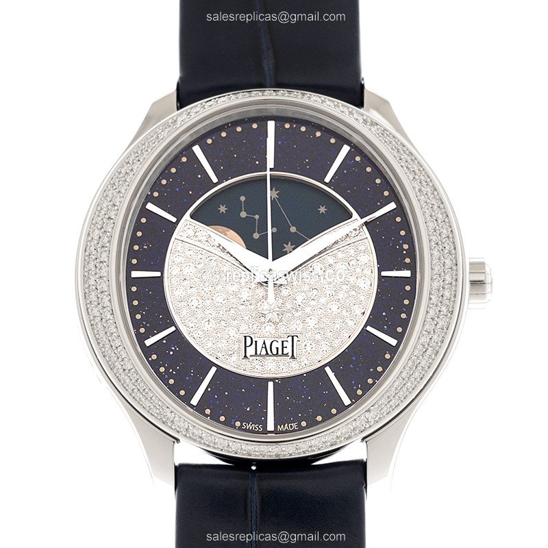 Piaget LIMELIGHT STELLA Replica - Auto - 18kt White Gold - Diamond - Silver Dial - Blue Alligator Buckle - Luxury Replica LIMELIGHT STELLA Watch