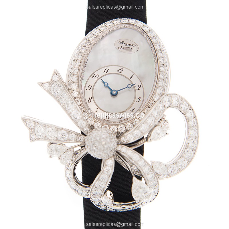 Breguet REINE DE NAPLES Replica - Automatic - 18kt White Gold - Diamond - White Dial - Silk Strap - Black Clasp - Luxury Replica REINE DE NAPLES Watch
