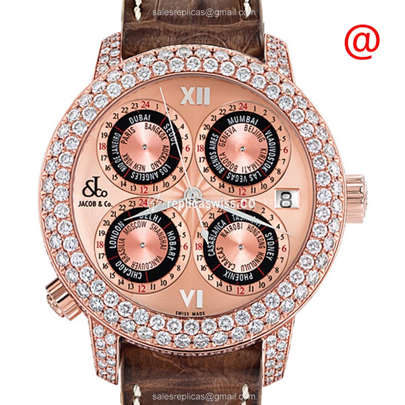 Jacob & Co GMT7RGDC - Auto - 18kt Rose Gold - Diamond - Gold Dial - Black Alligator Strap