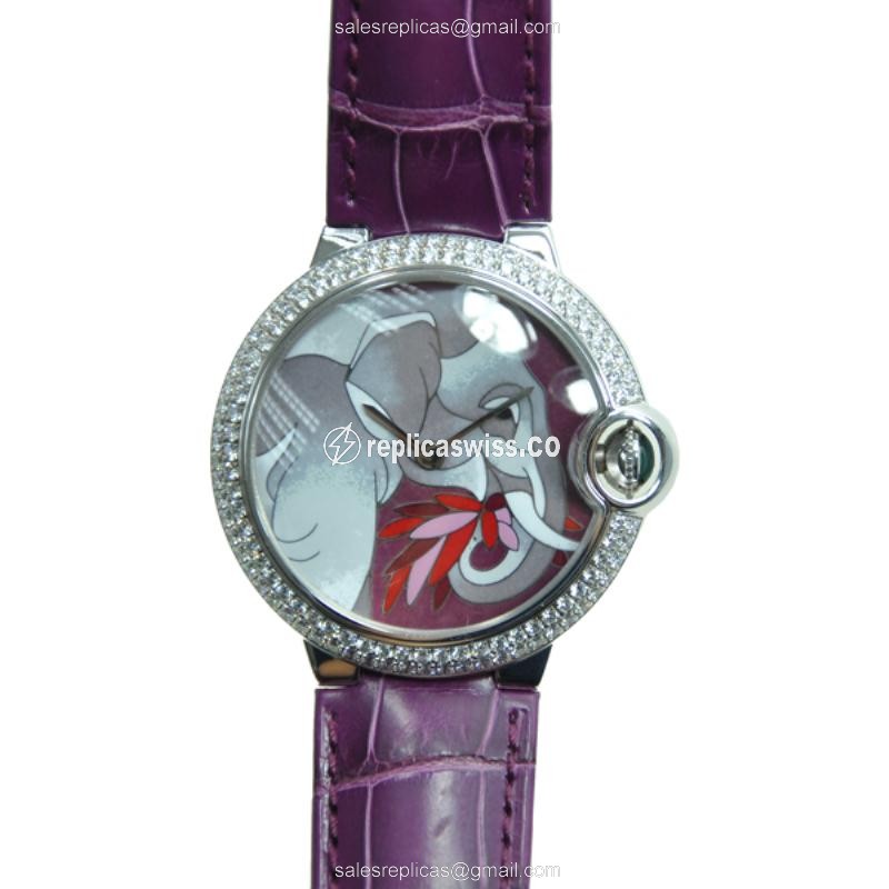 Cartier Ballon Bleu Replica - Automatic - 18kt White Gold - Diamond - Silver Dial - Alligator Purple Strap - Luxury Replica BALLON BLEU Watch