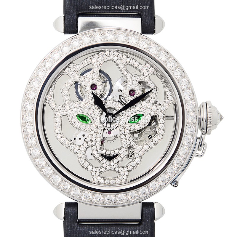 Cartier Pasha De Cartier Manual - 18kt White Gold - Diamond - Transparent - Black Satin Strap