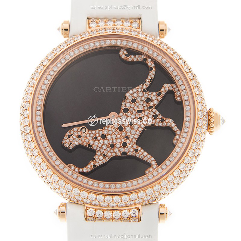 Cartier Bestiaire Replica Watch,Rose Gold Diamond,Black Dial