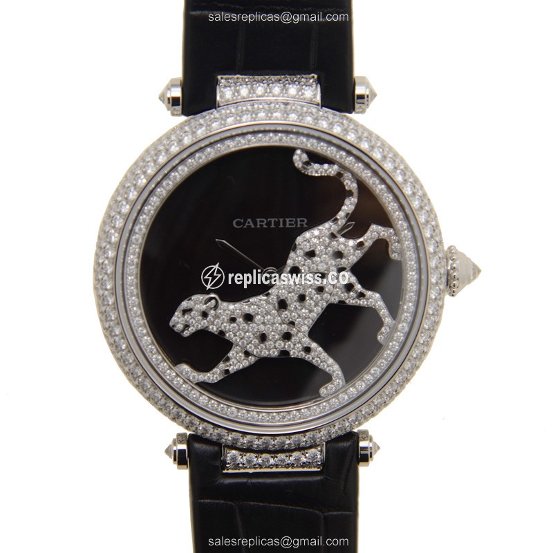 Cartier HPI00692 Promenade Dune Panther - Automatic - 18kt White Gold - Diamond Set - Black Dial - Luxury Replica PROMENADE DUNE PANTHERE Watch