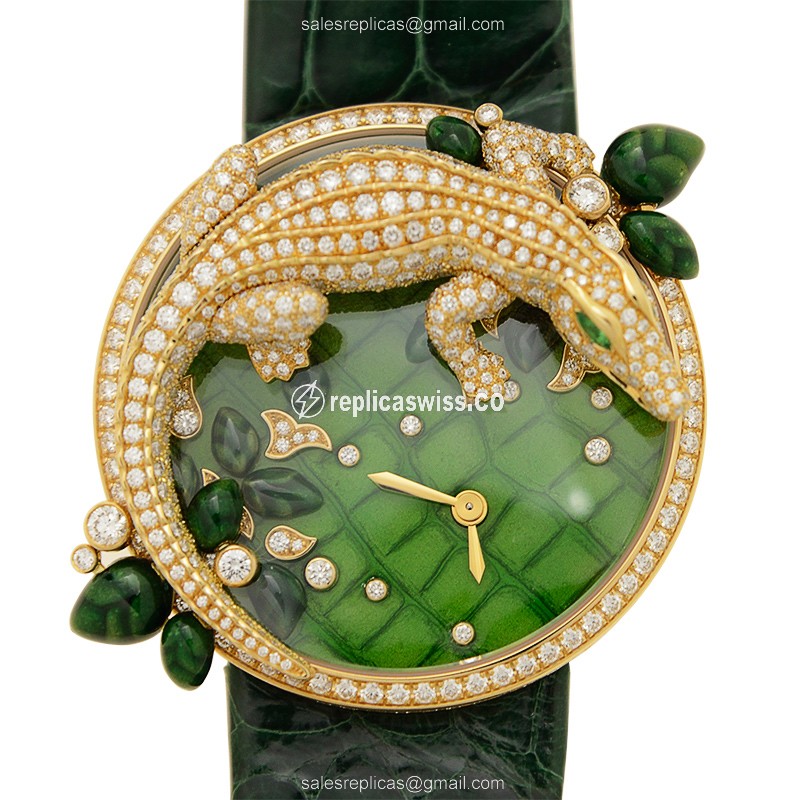 Cartier Bestiaire Replica - Quartz - 18kt Gold - Green Dial - Alligator Green Strap - Luxury Replica BESTIAIRE Watch