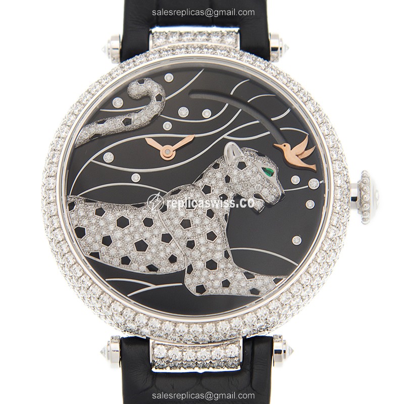 Cartier HPI00776 PANTHeRE Replica - Manual - 18kt White Gold - Diamond - Black Dial - Leather Strap