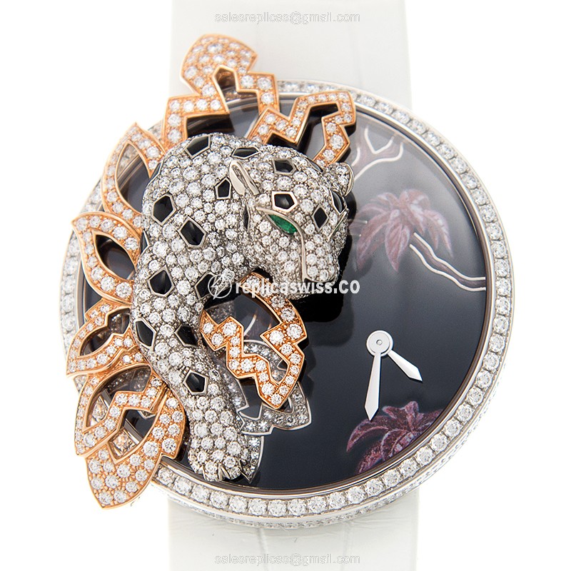 Cartier HPI00911 PANTHeRE Replica - Quartz - 18kt White Gold - Diamond Set - Black Dial - Alligator White Clasp - Luxury Replica PANTHeRE DE CARTIER Watch