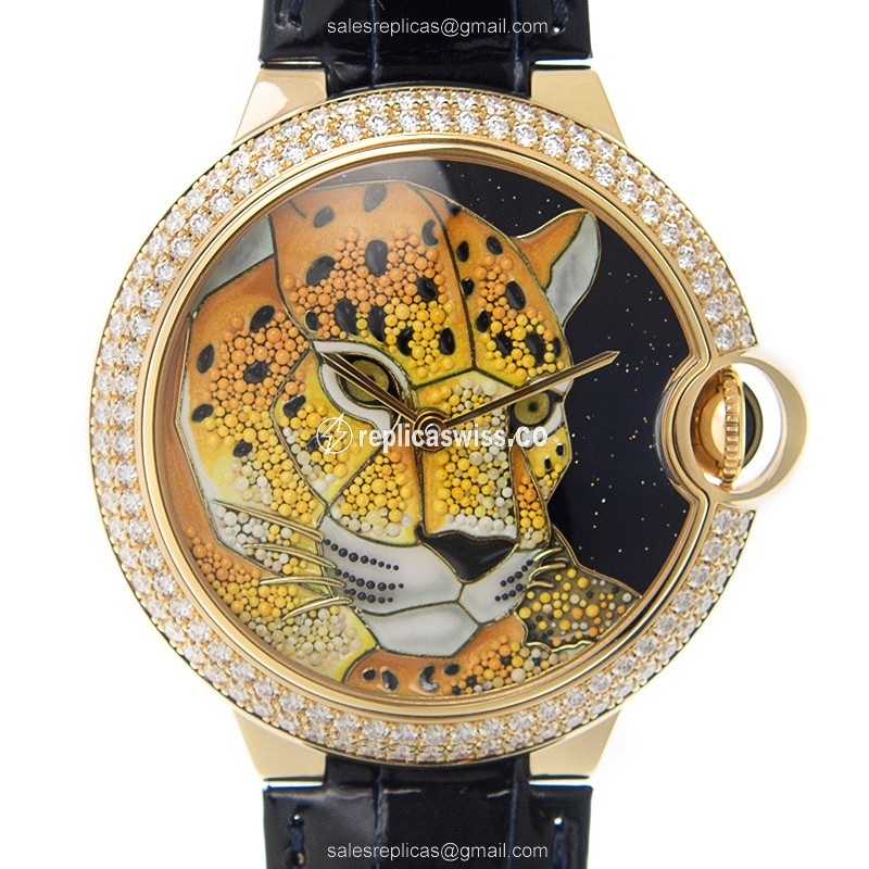 Cartier Ballon Bleu Replica - Automatic - 18kt Gold - Diamond - Orange Dial - Blue Alligator Strap