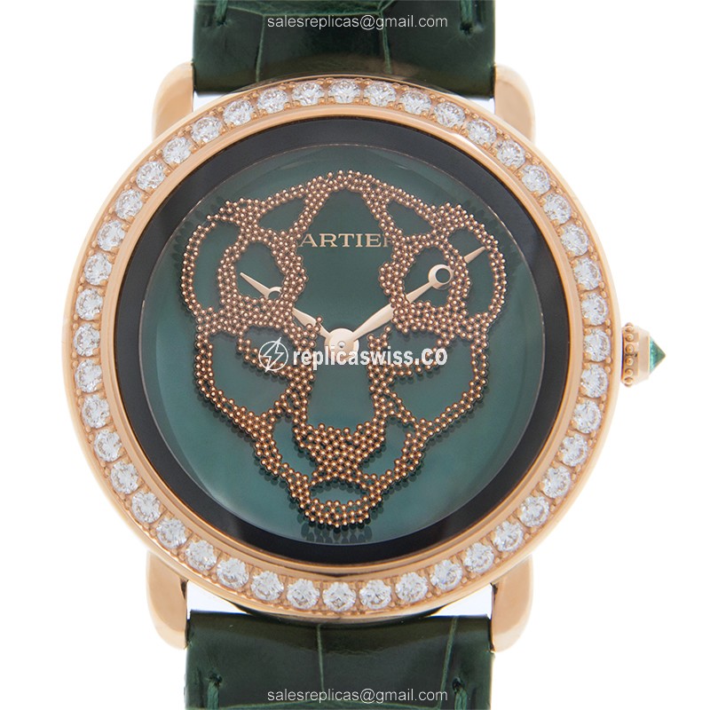 Cartier PANTHeRE Replica - Manual - 18kt Rose Gold - Diamond - Green Dial - Leather Green Strap