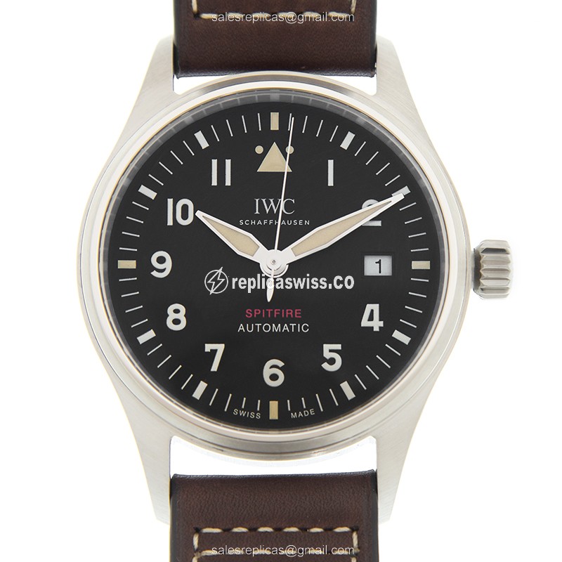IWC Spitfire Replica - Automatic - Stainless Steel Case - Black Dial - Brown Leather Strap - Luxury IWC Replica Watch