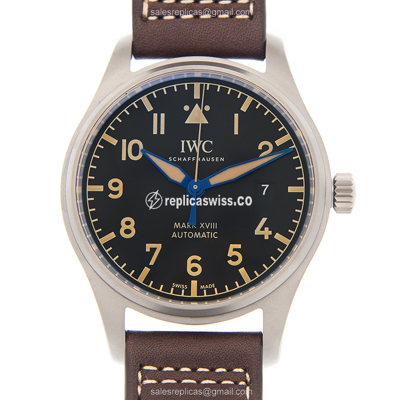 IWC PILOTS Replica - Automatic - Titanium Case - Black Dial - Brown Cowhide Strap