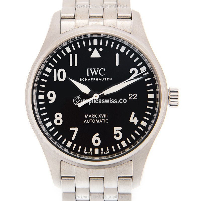 IWC PILOTS Replica - Automatic - Stainless Steel - Black Dial - Silver Clasp - Steel Strap