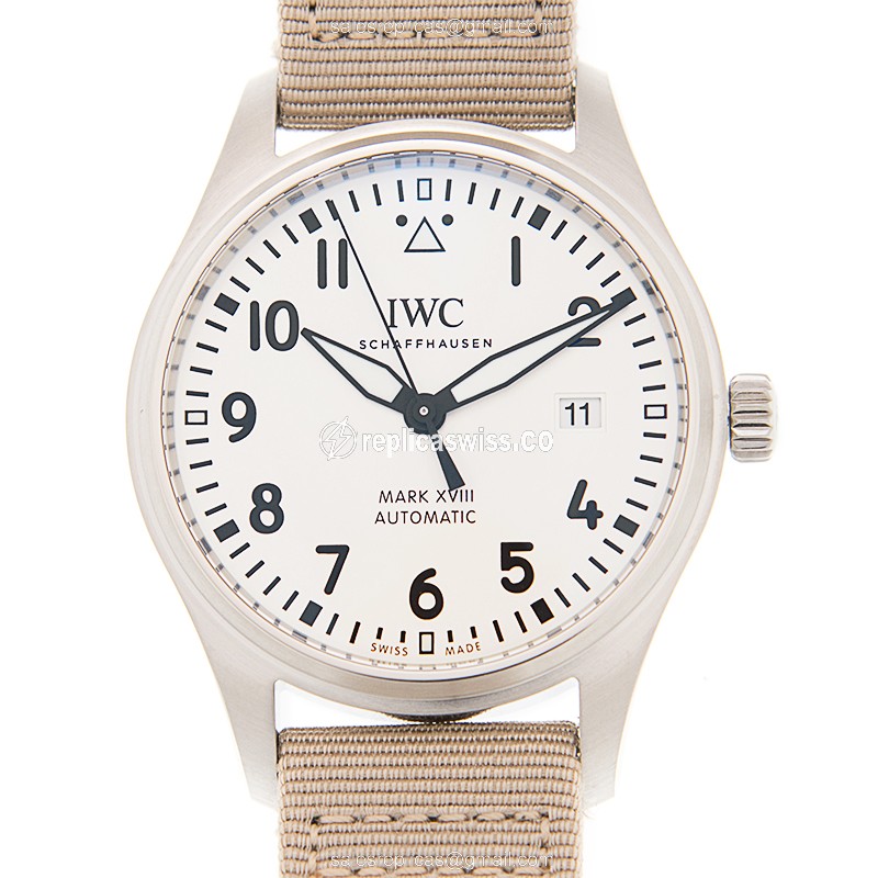 IWC IW327017 PILOTS Replica - Automatic - Stainless Steel - Silver Dial - Beige Fabric Strap - Luxury Replica PILOTS Watch