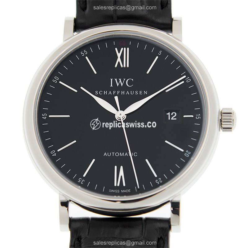 IWC Portofino Replica - Automatic - Steel Case - Black Dial - Alligator Black Strap - Luxury Replica PORTOFINO Watch