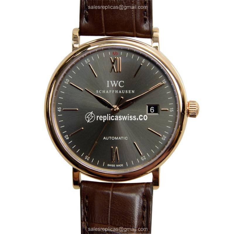 IWC Portofino Replica - Automatic 18kt Rose Gold - Dark Grey Dial - Brown Alligator Strap