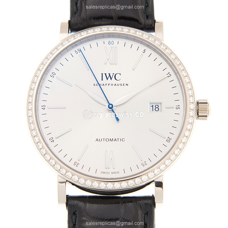IWC Portofino Replica - Automatic - 18kt White Gold - Diamond Accents - Silver Dial - Alligator Black Strap