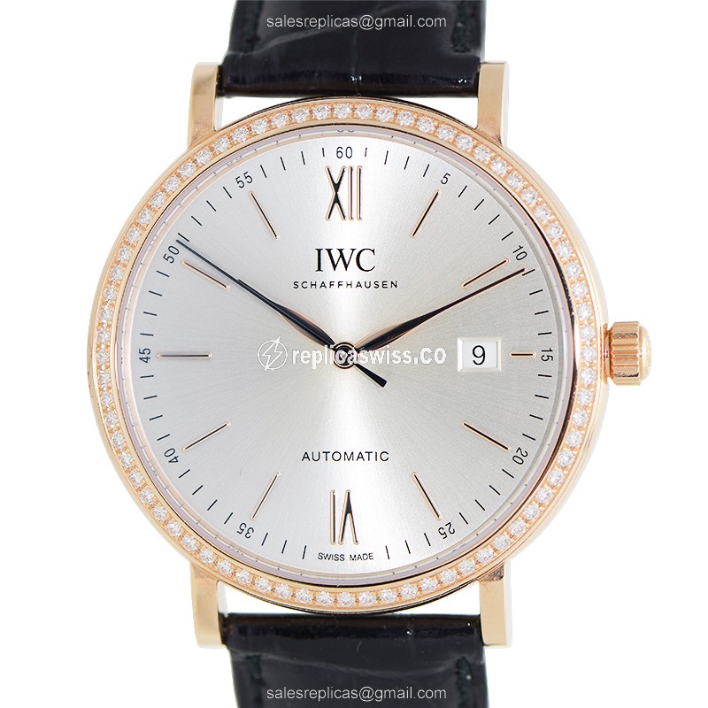 IWC Portofino Replica - Automatic 18kt Rose Gold - Diamond Bezel - Silver Dial - Black Alligator Strap