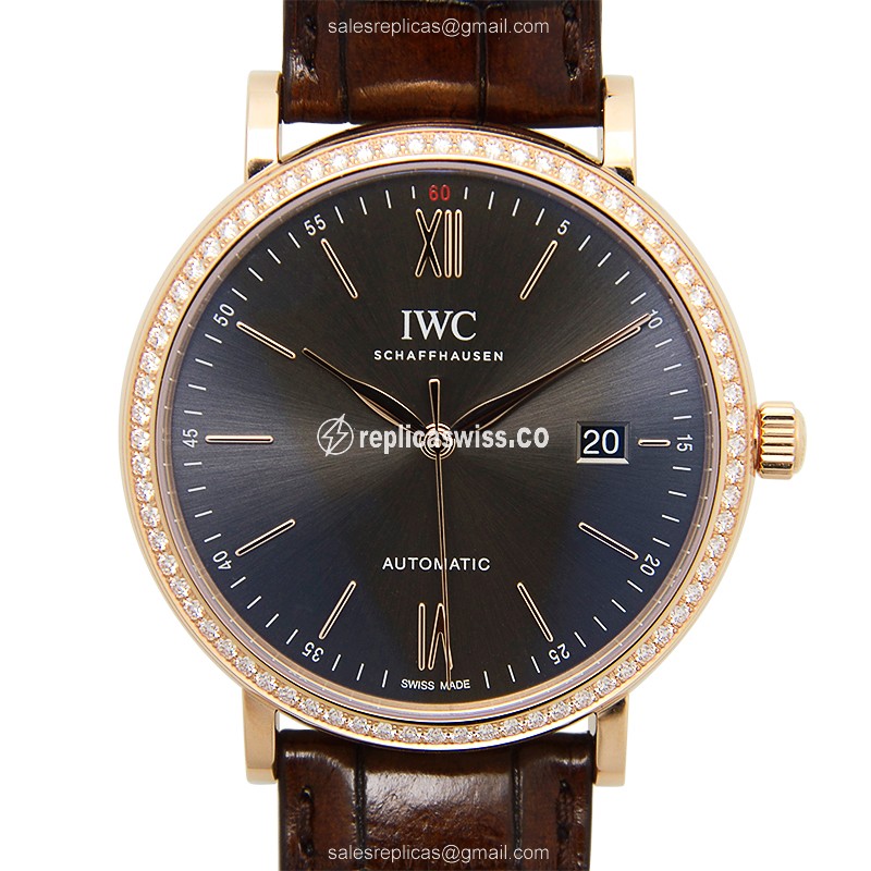 IWC Portofino Replica - Automatic 18kt Rose Gold - Dark Grey Dial - Brown Alligator Strap