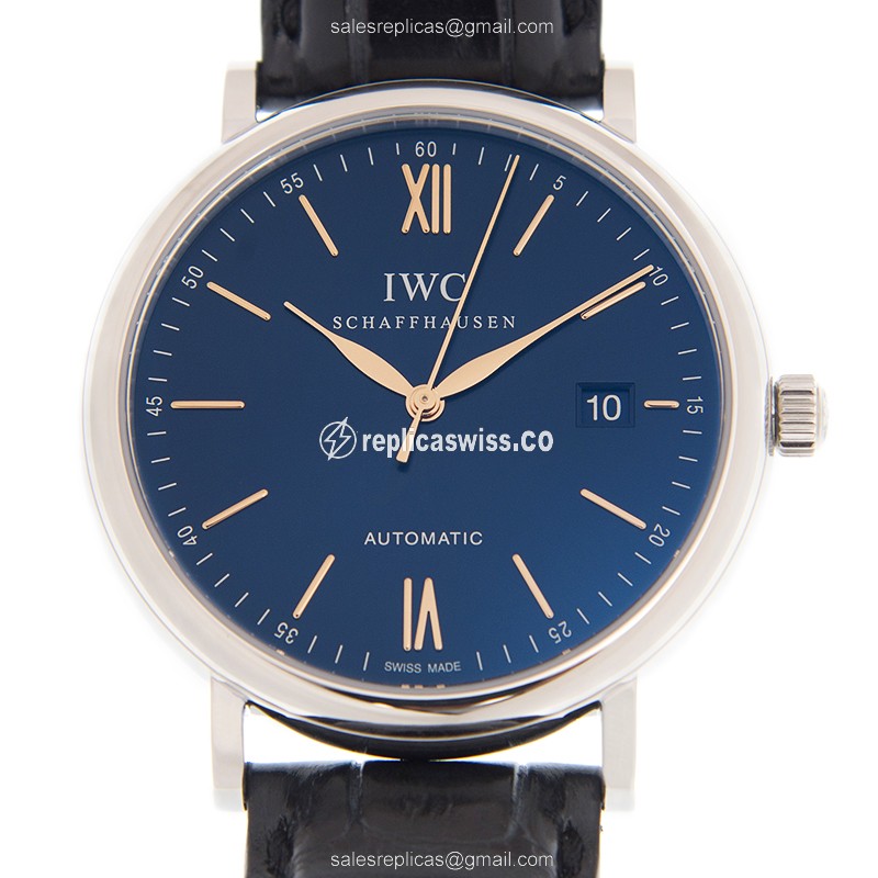 IWC Portofino Automatic - Steel Case - Blue Dial - Black Alligator Strap - Buckle Clasp - Luxury Replica PORTOFINO Watch