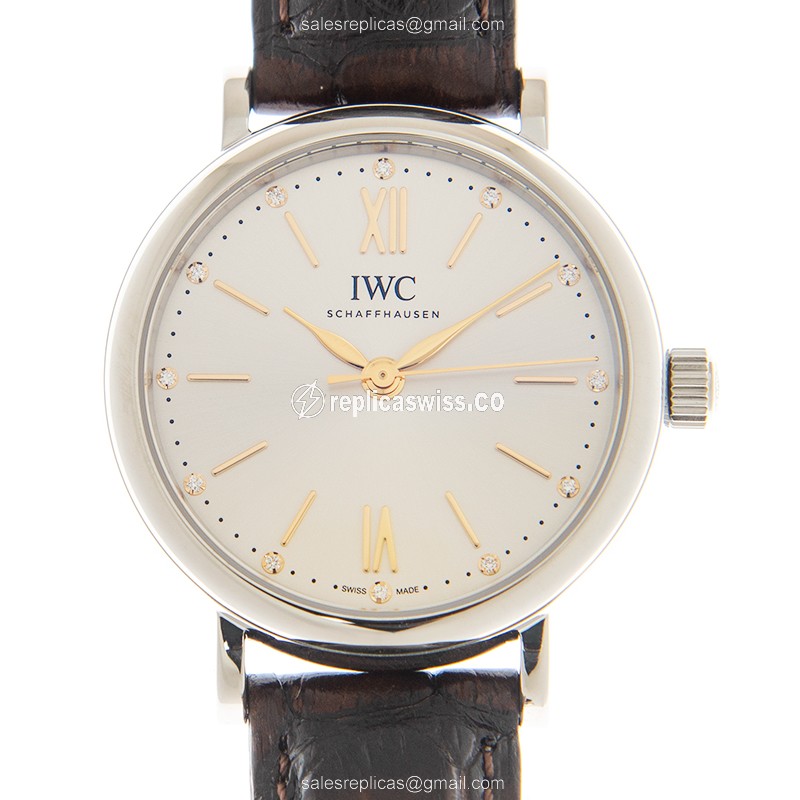 IWC Portofino Replica - Automatic - Steel Case - Silver Dial - Brown Alligator Strap - Luxury Replica PORTOFINO Watch