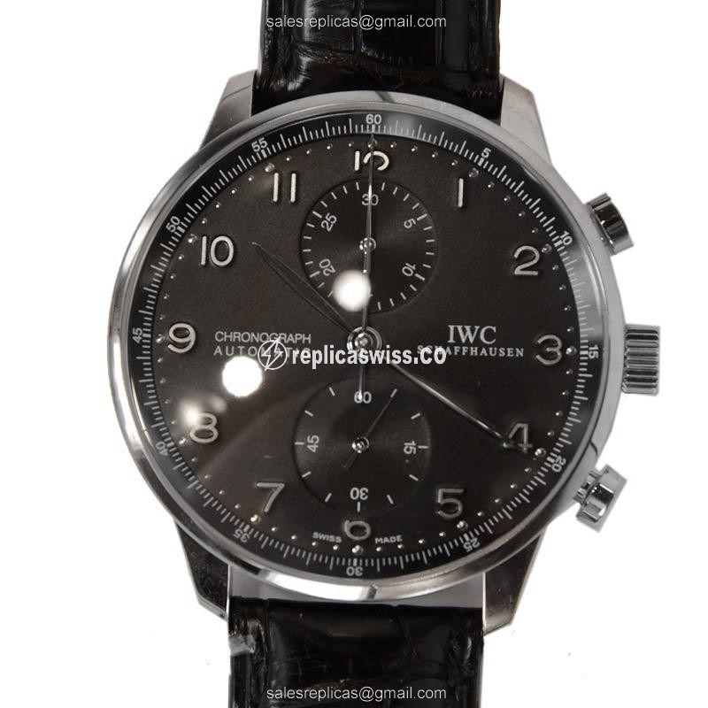 IWC Portuguese Replica - Manual Wind - 18kt White Gold - Black Dial - Alligator Black Strap