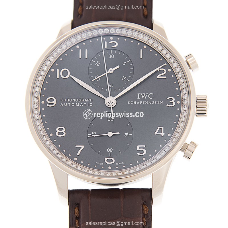 Portuguese IWC Replica - Automatic 18kt - White Gold - Diamond Gray Dial - Leather Brown Strap - Luxury Replica PORTUGUESE Watch