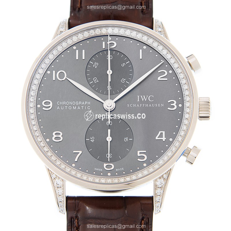 IWC Portuguese Replica - Automatic - 18kt White Gold - Dark Grey Dial - Brown Alligator Strap