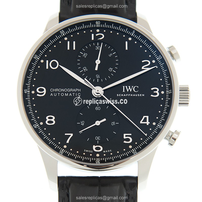 IWC Portuguese Replica - Automatic - Stainless Steel - Black Dial - Alligator Black Clasp - Luxury Replica PORTUGUESE Watch