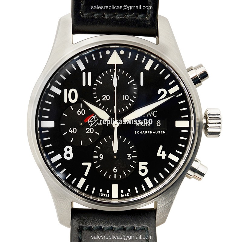 IWC PILOTS Replica - Automatic - Stainless Steel - Black Dial - Black Cowhide - Buckle Clasp