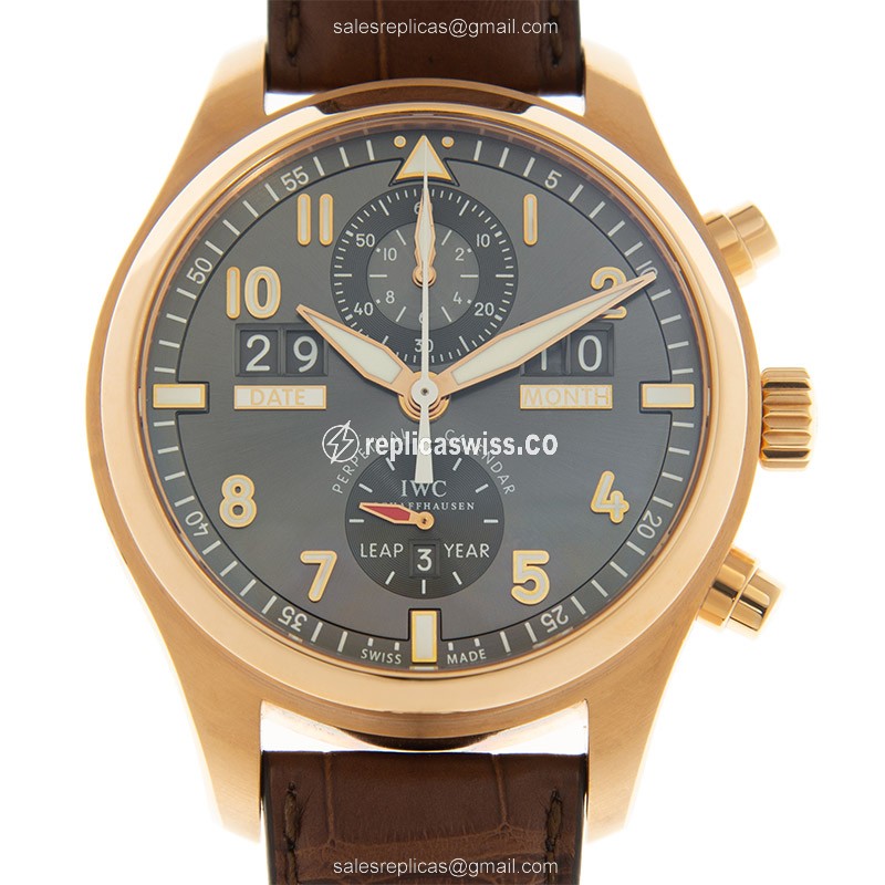 Rolex IW379103 Pilot Replica - Automatic 18kt Rose Gold - Gray Dial - Brown Alligator Strap