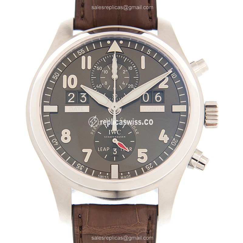 IWC PILOTS Replica - Automatic - Stainless Steel - Gray Dial - Brown Leather Strap - Luxury Replica PILOTS Watch