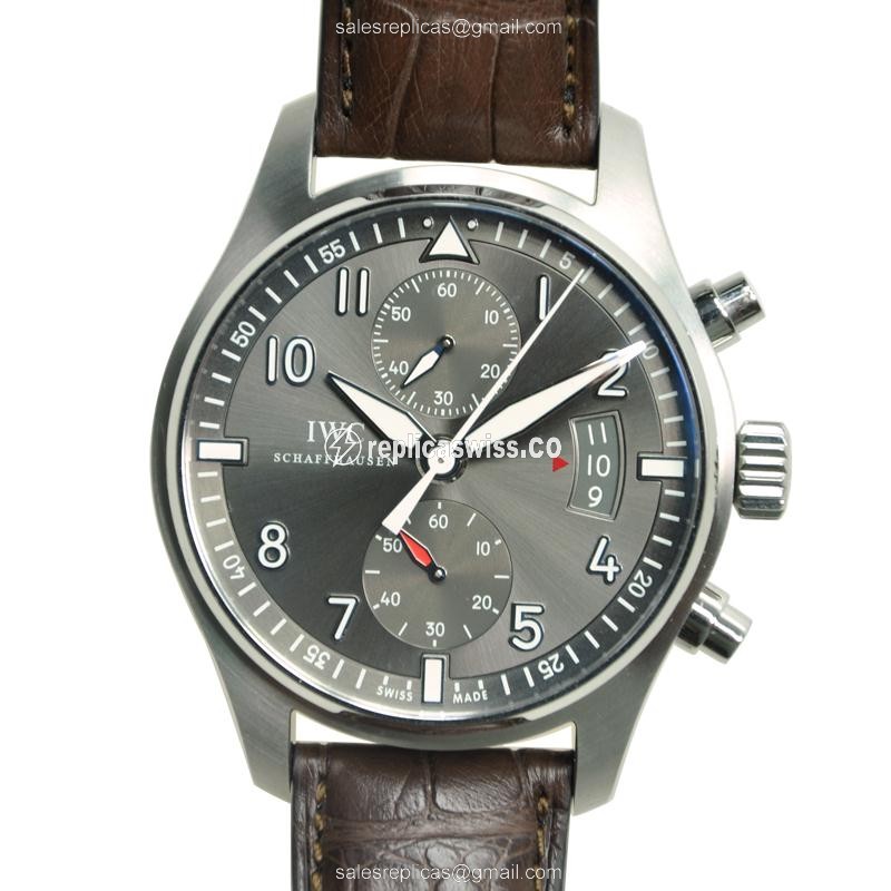 IWC PILOTS Replica - Automatic - Stainless Steel - Dark Grey Dial - Brown Alligator Strap - Luxury Replica PILOTS Watch
