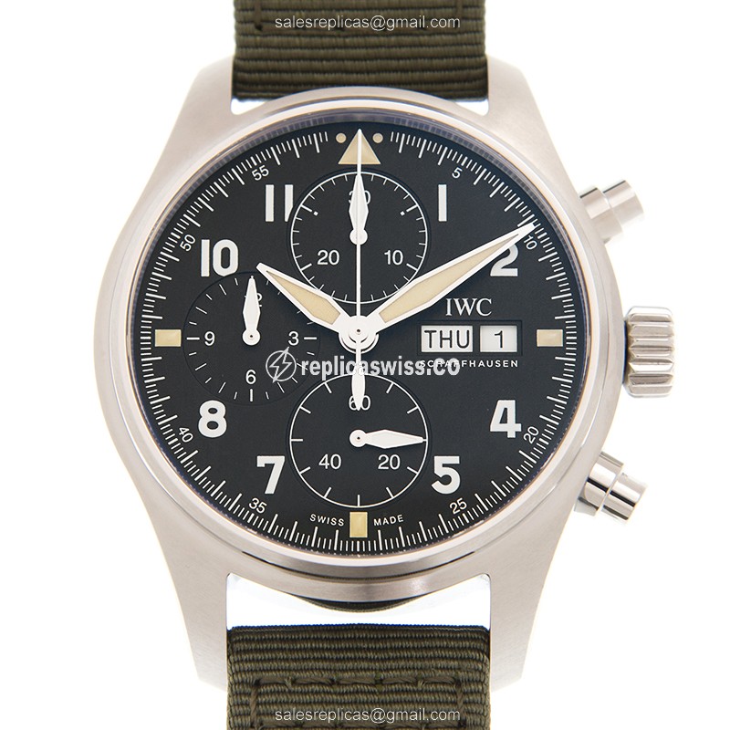 IWC PILOTS Replica - Automatic - Stainless Steel - Black Dial - Green Canvas Strap