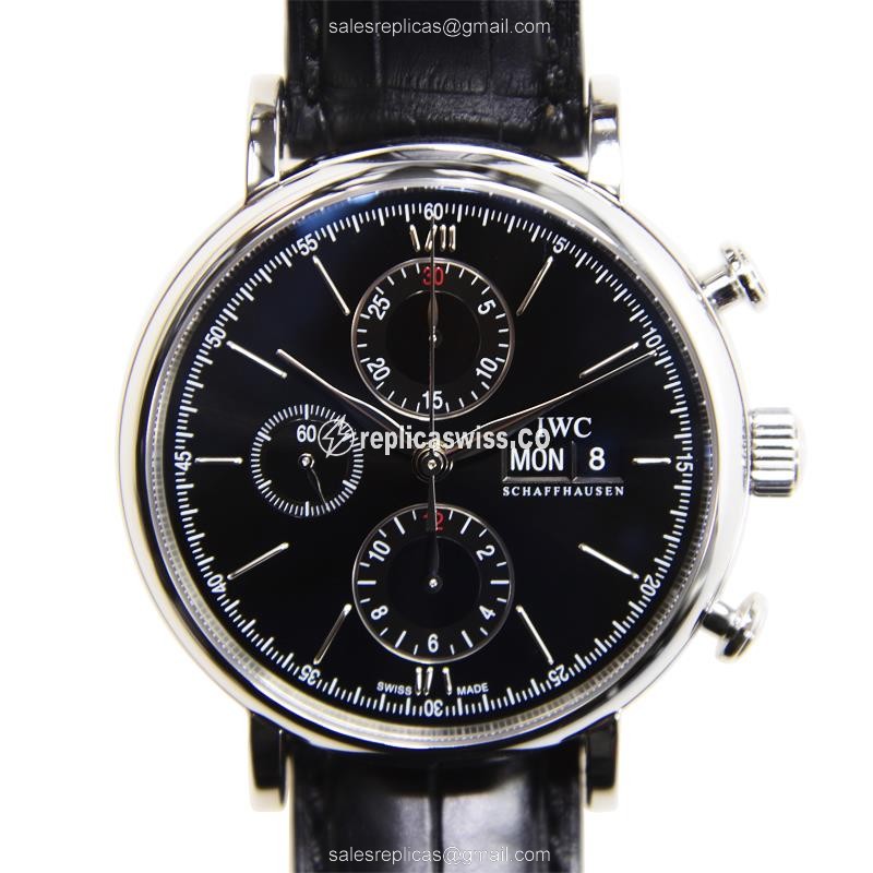 IWC Portofino Replica - Automatic - Stainless Steel - Black Dial - Alligator Strap - Buckle Clasp - Luxury Replica PORTOFINO Watch