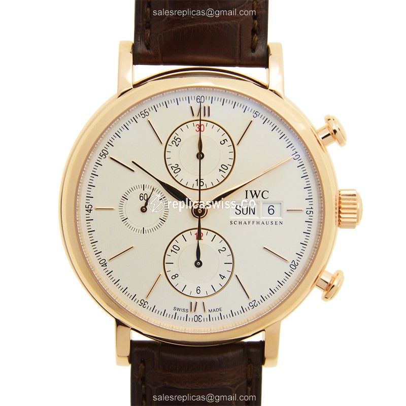IWC Portofino Replica - Automatic - 18kt Rose Gold - White Dial - Alligator Brown Buckle - Luxury Replica PORTOFINO Watch