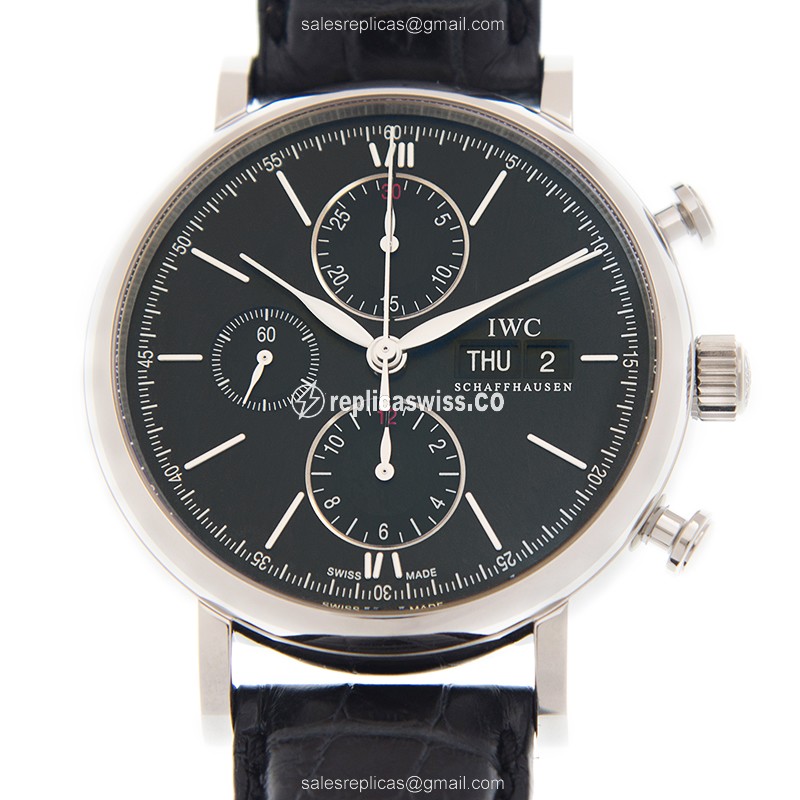 IWC Portofino Automatic - Black Dial - Stainless Steel Case - Black Alligator Strap - Buckle Clasp - Luxury Replica PORTOFINO Watch