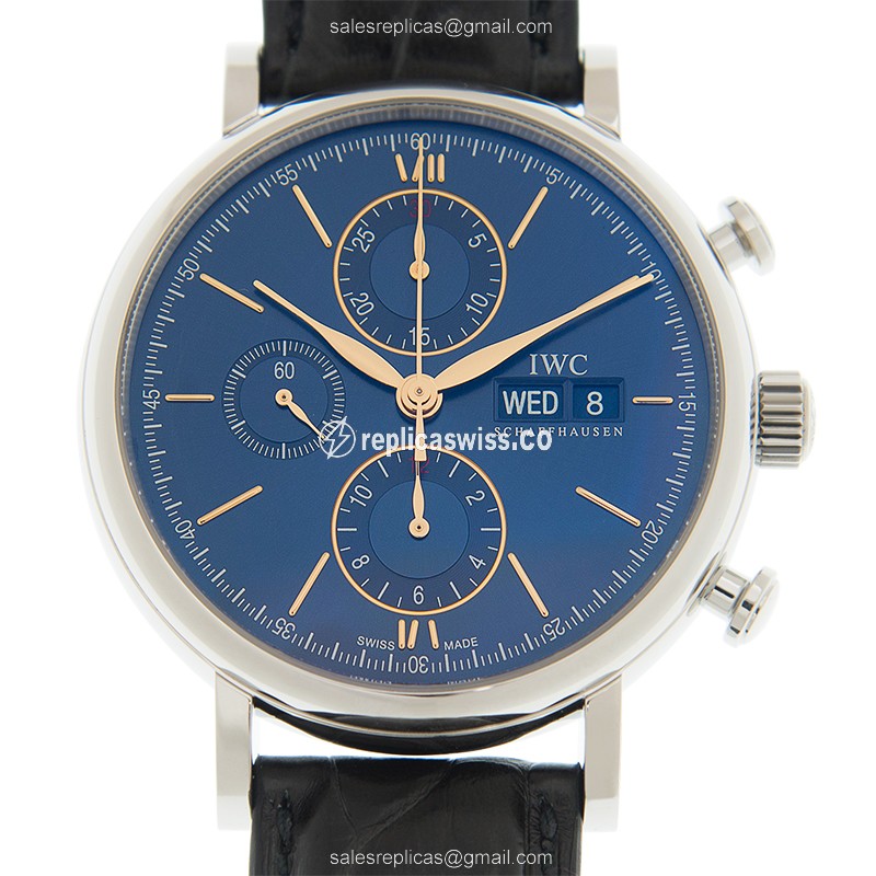 IWC Portofino Replica - Automatic - Blue Dial - Stainless Steel Case - Brown Leather Strap