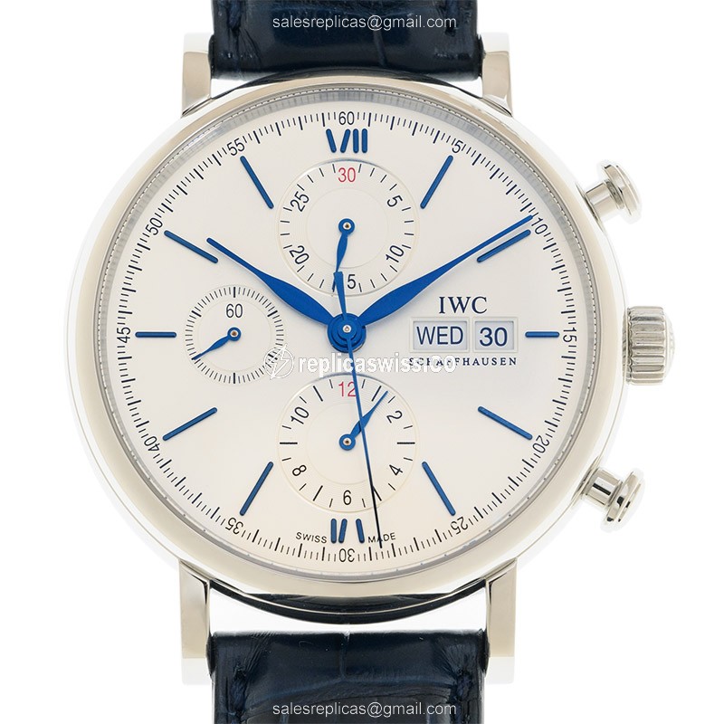 IWC Portofino Replica - Automatic - Stainless Steel - White Dial - Blue Alligator Strap - Luxury Replica PORTOFINO Watch