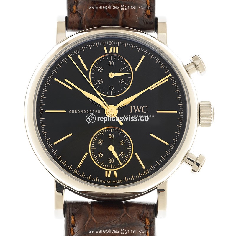IWC Portofino Replica - Automatic - Stainless Steel - Black Dial - Brown Leather Strap