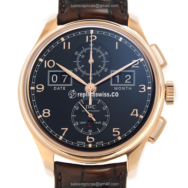 IWC Portuguese Replica - Automatic - 18kt Rose Gold - Black Dial - Brown Alligator Strap