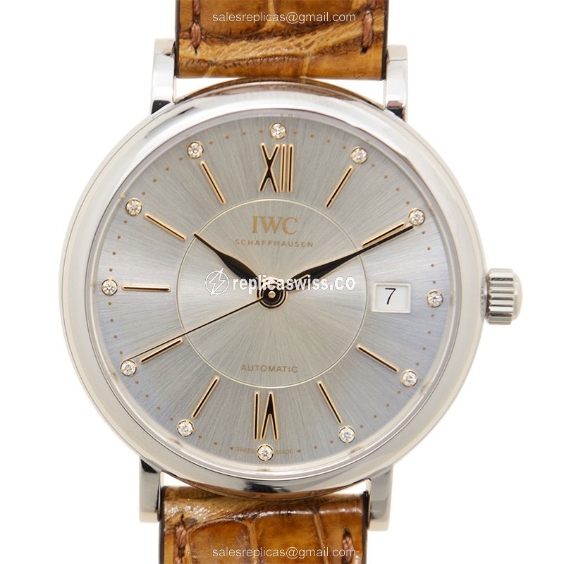 IWC Portofino Replica - Automatic - Stainless Steel - Silver Dial - Brown Alligator Strap