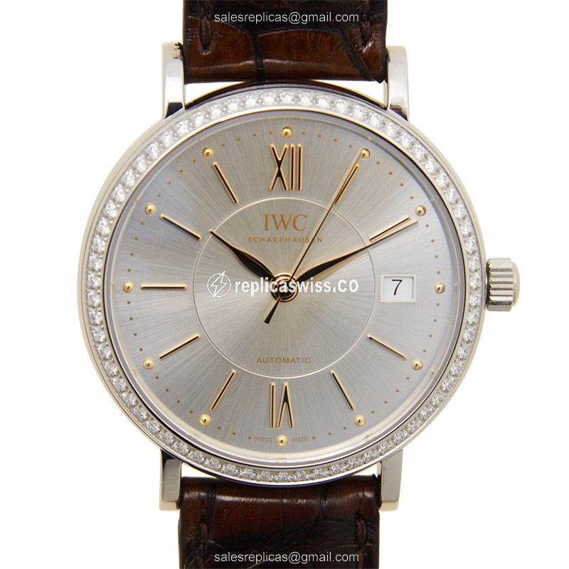 IWC Portofino Replica - Automatic - Diamond Case - Silver Dial - Brown Alligator Buckle