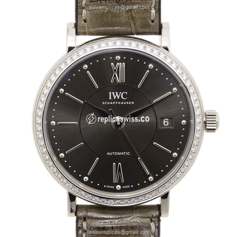 IWC Portofino Replica - Automatic - Diamond Case - Dark Grey - Grey Alligator Buckle
