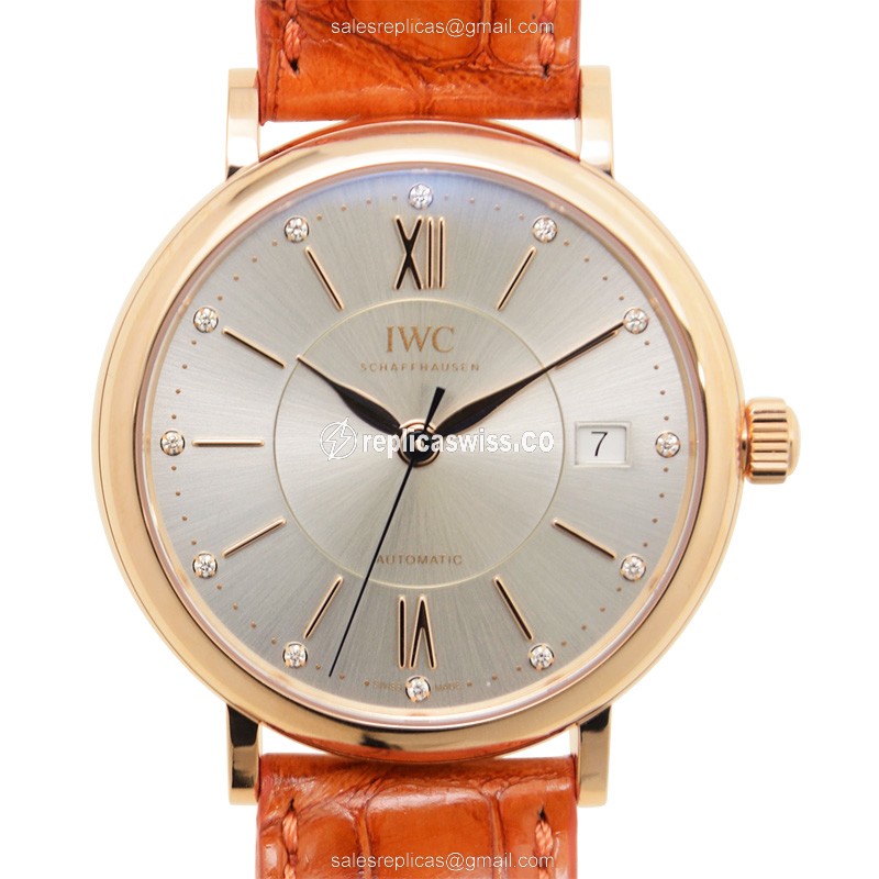 IWC Portofino Replica - Automatic 18kt Rose Gold - Silver Dial, Orange Alligator Strap - Buckle Clasp - Luxury Replica PORTOFINO Watch