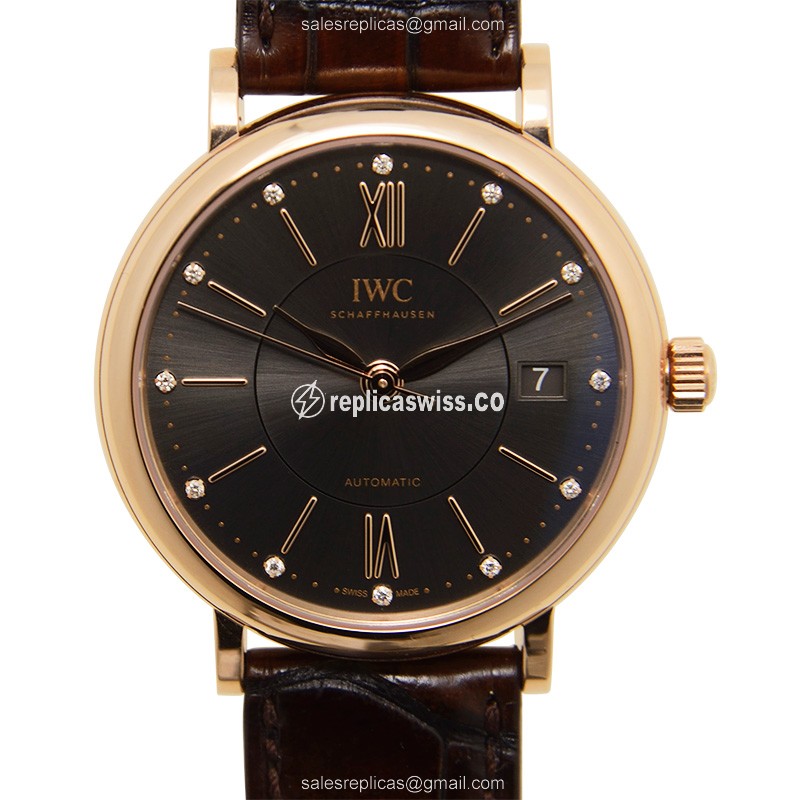 IWC Portofino Replica - Automatic 18kt Rose Gold - Dark Grey Dial - Brown Alligator Buckle