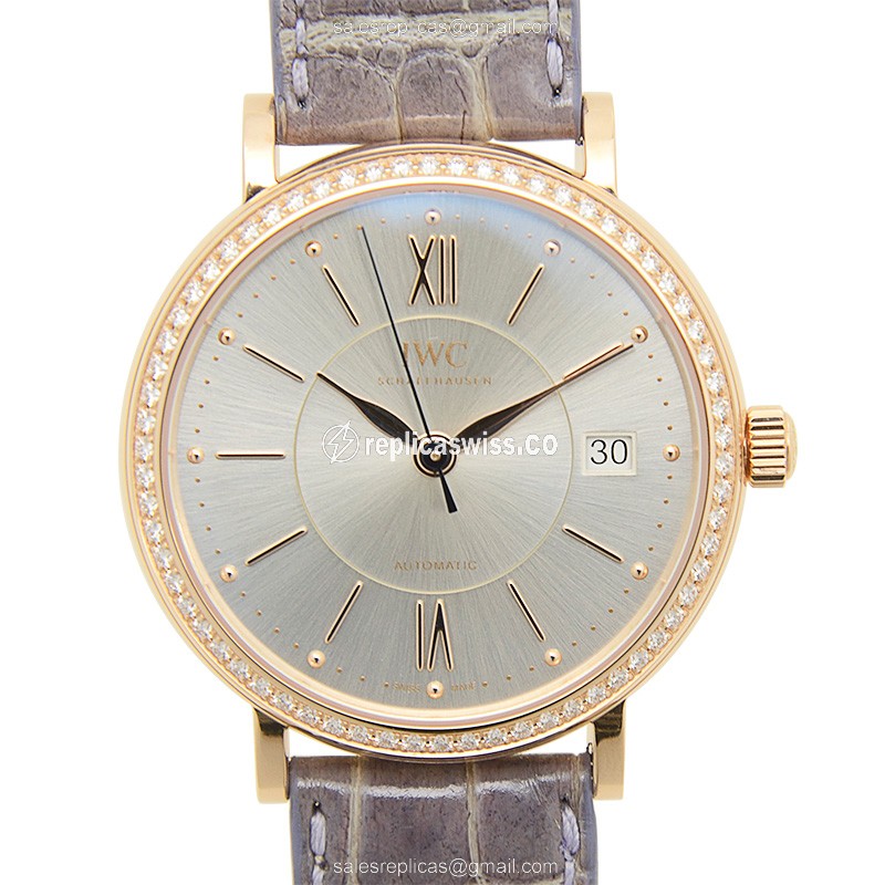 IWC Portofino Replica - Automatic 18kt Rose Gold - Diamond Bezel - Silver Dial - Purple Alligator Strap - Luxury Replica PORTOFINO Watch