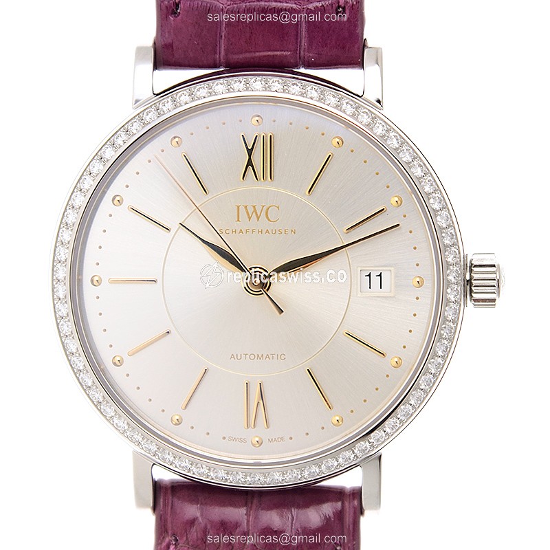 IWC Portofino Replica - Automatic - Stainless Steel & Diamond - Silver Dial - Purple Alligator Strap