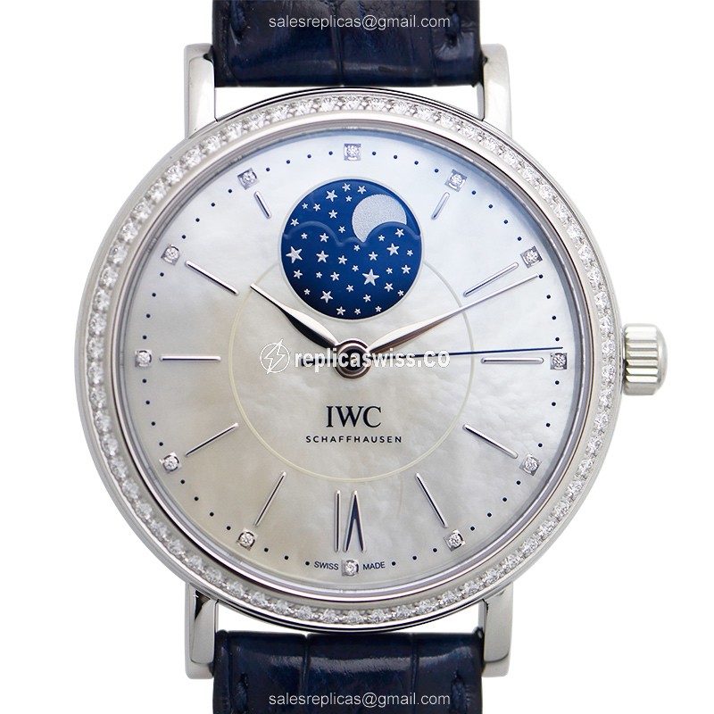 IWC Portofino Replica - Automatic - Stainless Steel & Diamond - Silver Dial - Blue Alligator Buckle - Luxury Replica PORTOFINO Watch