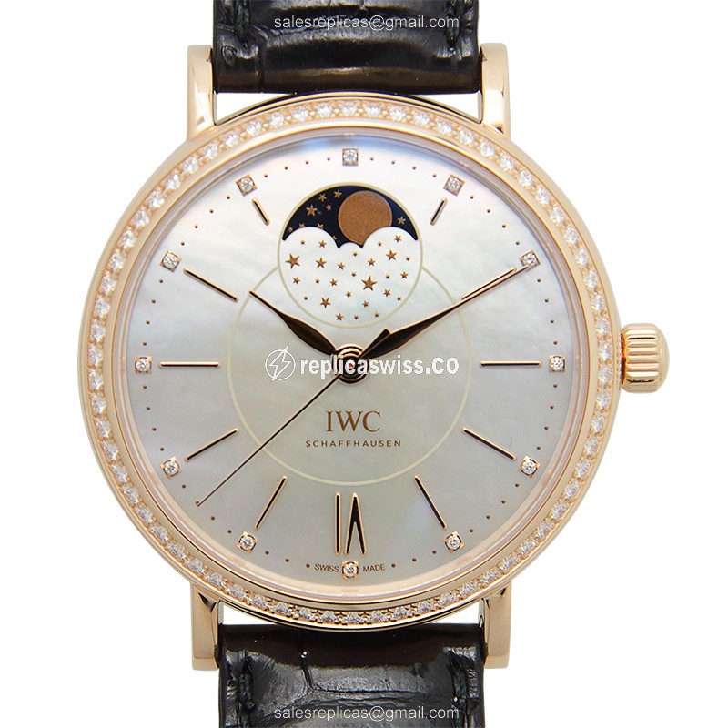 IWC Portofino Replica - Automatic 18kt Rose Gold & Diamonds - White Dial - Black Alligator Strap - Buckle Clasp