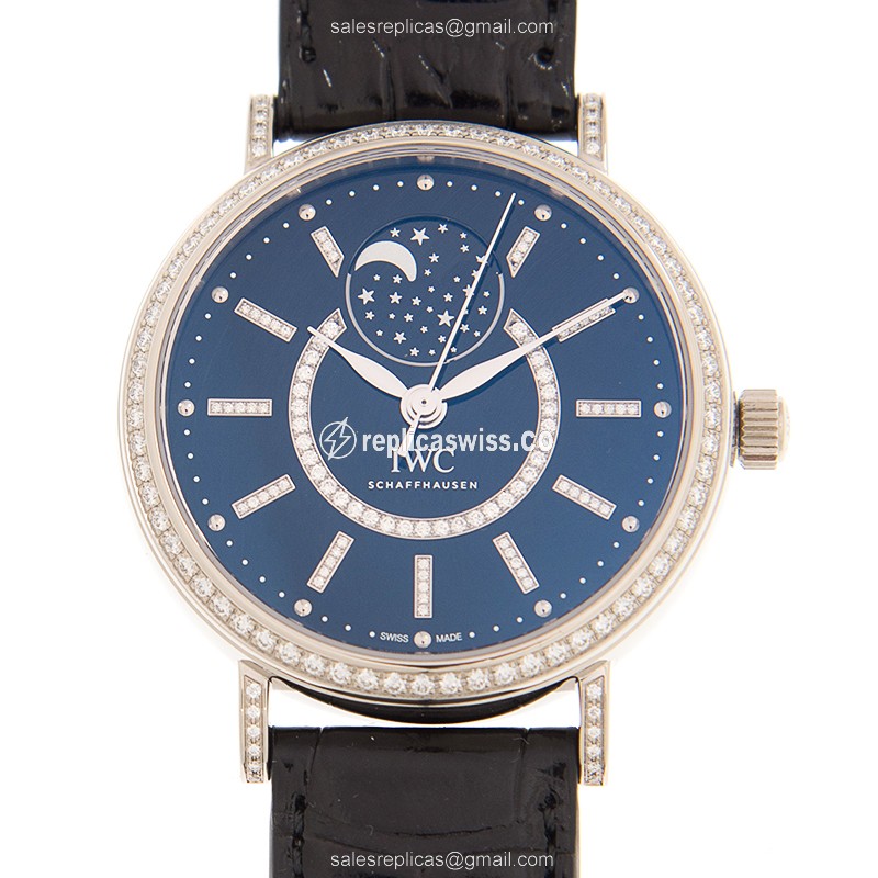 IWC Portofino Replica - Automatic 18kt White Gold & Diamond - Black Dial, Leather Strap